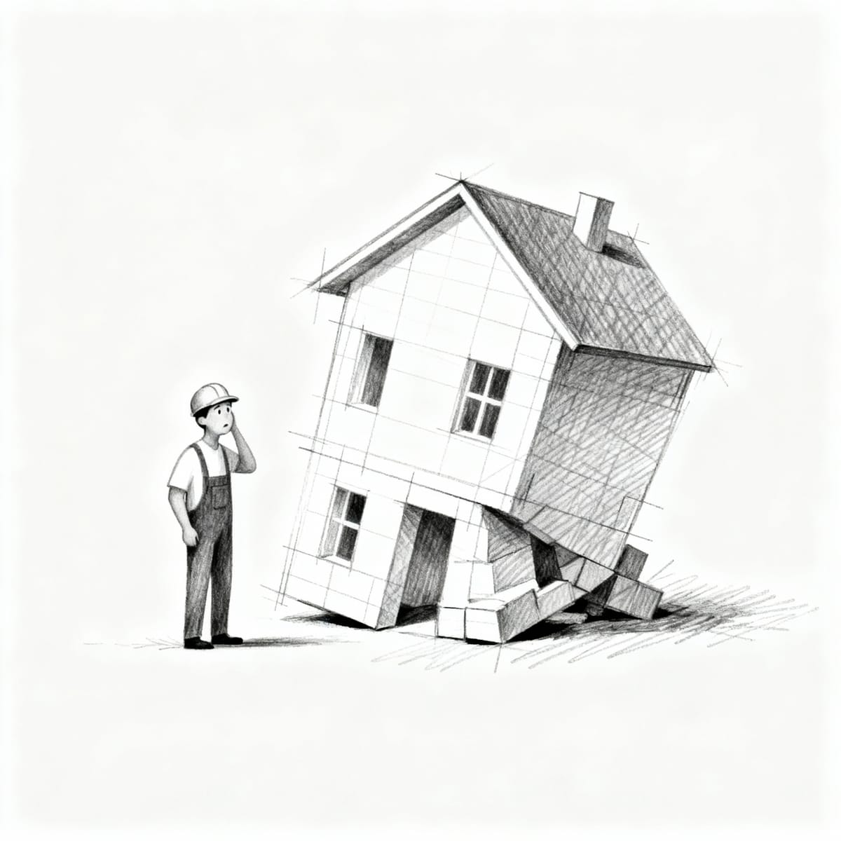 A confused builder stands beside a crooked, collapsing house.